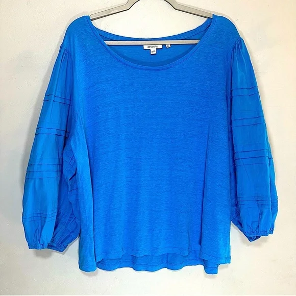 Chicos Plus Size Blue Linen Balloon Sleeve Blouse - Picture 1 of 5